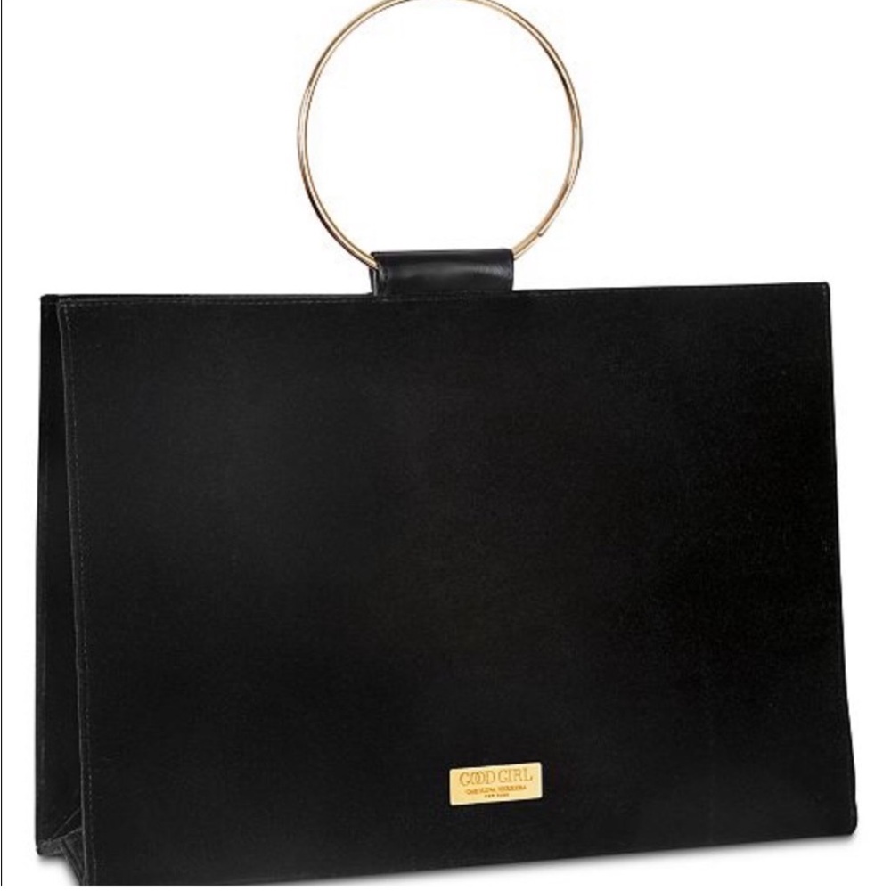 BNIB Carolina Herrera New York Good Girl Black Velvet Hoop Bag, Gold Hardware